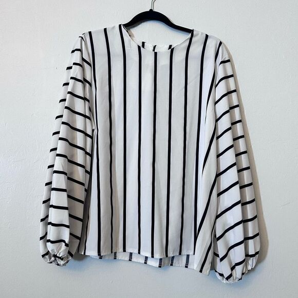 H&M Striped Bishop Long Sleeve Keyhole Button Back Blouse White Large - Picture 2 of 3